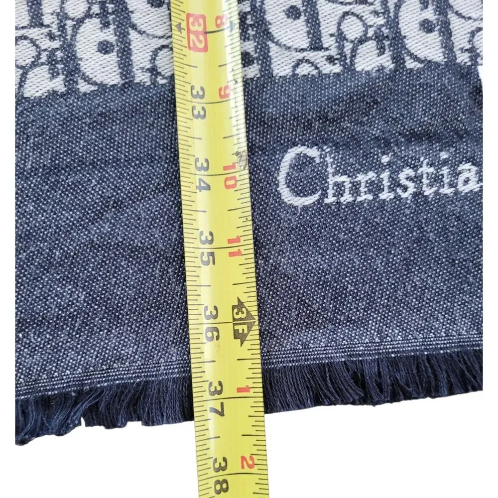Christian Dior MONOGRAM Oblique 100% Cashmere Scarf Navy Blue & Cream 74